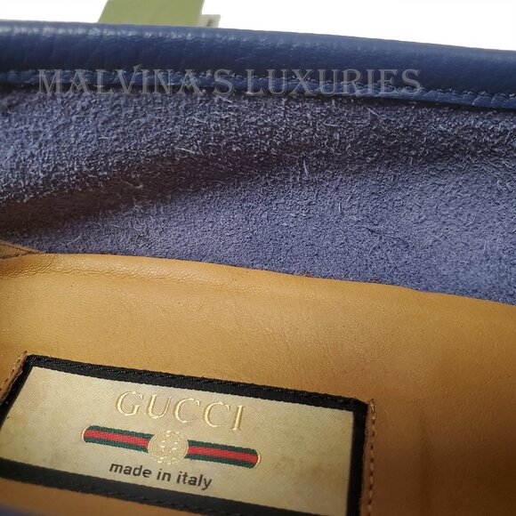 GUCCI SHOES MENS BLUE LEATHER MOCCASIN LOAFERS w HORSEBIT WEB sz 12.5G 13 - Picture 9 of 15